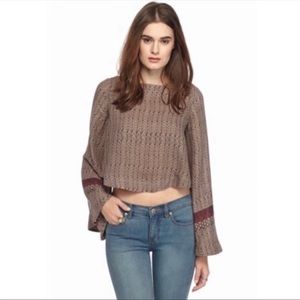 Free People Stars Align Bell Sleeve Cropped Blouse in Mocha Combo size XS